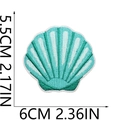Detail view of teal seashell embroidery patch with precise size dimensions shown - Cyan and White Shell