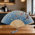 Blue gradient folding fan with floral butterfly print and matching blue silk tassel - 21 Splendid Flowers