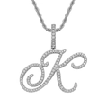 Close-up of silver-tone hip hop necklace featuring pavé-set letter K pendant on a rope chain - Letter K / Silver (Pendant Only)