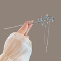 Silver star and blue planet hair stick with long crystal tassels for women - F0632 Starry Sky