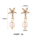 Minimalist gold flower earrings with white pearl drop and size measurements - Orchid Flower Freshwater Pearl Stud Earrings - White Zircon
