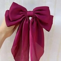 Oversized wine red satin bow hair clip with long streamers in premium silk texture - Dark Red