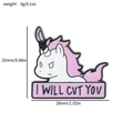 Funny pink unicorn enamel pin holding a knife with size and weight specifications - Unicorn Style (xz2073)