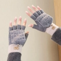 Grey and off-white convertible knitted gloves with button and diamond pattern - Half-Finger Flip Cover Style / Gray