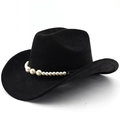 Detailed view of black wide-brim cowboy hat featuring a gradient pearl hatband decoration - M (56-58cm) / Black