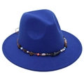 Detail of royal blue wool fedora featuring colorful beadwork and bohemian wooden floral accents - One Size / Royal Blue (Obsidian Decoration)