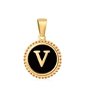 18K gold-plated circular pendant with black enamel inlay and golden letter V detail - Letter V