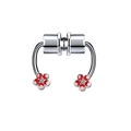 Close-up of magnetic stainless steel septum ring with red flower and clear zircon detail - Silver Red Flower Rhinestone (#1)
