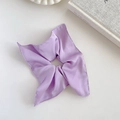 Close-up of purple satin silk scrunchie with square scarf design on white tabletop - Purple