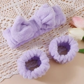 Light purple coral fleece headband with bow and matching wristbands for face washing - 3-Piece Headband Set / Purple
