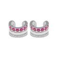 Three-layer silver ear cuff with red and white zircon stones in a parallel C-shape - Pink Stone Silver Style (JQH0135-SS-2) / 24K