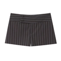 Women's slim fit pinstripe shorts with high waist and decorative buttons on white background - XS / Brown Stripes