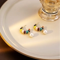 Elegant C-shaped earrings with colorful enamel stitching and a white hanging pearl - E3545-3-Colorful Enamel Patchwork Pearl