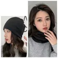Unisex black knit neck warmer and beanie combo in warm thermal plush material - Extended Large Style - Black (1pc)