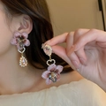 Asymmetric floral earrings with pink fabric flowers and sparkling teardrop crystals - Fabric Flower Heart Rhinestone Style / Pink Flower Rhinestone (925 Silver Pin)