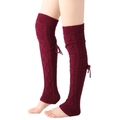 Detail of burgundy cable knit over-knee leg warmers with side lace-up bow tie accents - One Size / Dark Wine Red