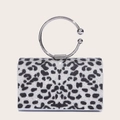 Elegante borsa da sera con strass maculati e grande manico rotondo in metallo argento - 17.5*19.5*7CM / Leopardo Argento