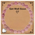 Pink natural stone beaded bracelet with silver heart charm on Get Well Soon card - Red Wood Grain Stone Bracelet