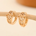 Gold plated heart hoop earrings with cubic zirconia inlay on a wooden stand - EH228 Heart Hollowed