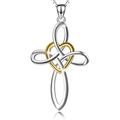 Polished silver cross pendant necklace with a gold heart center on a thin chain - Two Colors