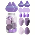 14-piece purple makeup sponge set with mini finger puffs in a clear storage jar - Hair Styling Tool Set / Purple