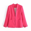 Women's minimalist collarless open front blazer in bright pink with decorative pockets - XS / Rose Red