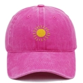 Close-up of yellow sun embroidery on a washed rose pink cotton vintage baseball cap - Rose Red