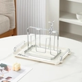 Silver bunny mug rack on off-white rectangular tray with metal handles and House text - House Milk White Small Tray With Handles + 4 Cup Rack