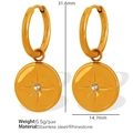 Gold plated stainless steel earrings with starburst embossed round charm and rhinestone - Gold Star Round Plate Rhinestone (EH364)