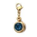 Macro shot of 6mm gold-plated stainless steel birthstone charm with blue crystal and lobster clasp - [Lobster Clasp] March Peacock Blue