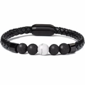 Detail of men's braided leather bracelet with magnetic clasp and tiger eye beads - Howlite
