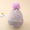 Detail of colorful gradient knit hat with large faux fur pompom and cable stitch texture - One Size (3-8Y) / Mixed Purple