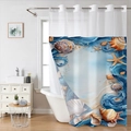 Modern double-layer ocean shower curtain with shells and starfish print and metal hooks - SYL-1 (Deep Blue Ocean) - Curtain + Mat Set / 181x188cm Shower Curtain + 40x60cm Mat