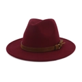 Detail of burgundy wool fedora with brown suede band and gold buckle accent - M (56-58cm) / Burgundy
