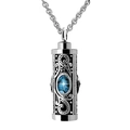 Silver cylinder cremation necklace with blue gemstone and vintage scroll pattern - January