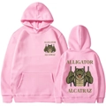Rosa Hoodie mit Alligator Alcatraz Cartoon-Print in Vorder- und Rückansicht gezeigt - S / Rosa