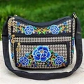 Ethnic crossbody bag featuring blue peony embroidery and multiple zipper pockets - Blue Plum Blossom