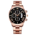 Fashionable men's quartz watch in rose gold finish with black three-eye dial - Black Dial Rose Gold Hands Rose Gold Band (Flat End)