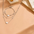Silver stainless steel layered necklace and bracelet set with white shell inlay pendants - Steel White Shell Pig Nose Set (L213-313)