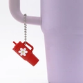 Red flower cup keychain charm with white daisy pattern on purple tumbler handle - Red Flower Cup Bead Chain
