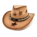 Detail of brown cowboy hat featuring gradient star pattern and bronze bull head buckle - M (56-58cm) / Camel