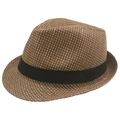 Classic brown straw fedora hat with black ribbon band shown from a 45-degree angle - 58cm / Coffee