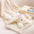 Soft white plush rabbit toy in a lying pose with cute pink checkered bows on long ears - 35cm / White Rabbit