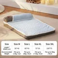 Thick warm rectangular blue waffle fabric dog bed with white plush border and neck pillow - Waffle Dot Blue