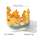 Golden ocean theme ring with blue enamel waves, starfish, shells, and a white pearl - Gold Blue Ocean Enamel Ring (HC-R30398)