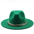Detailed close-up of emerald green wool felt jazz hat with stylish gold chain accessory - Grass Green
