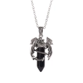 Silver dragon pendant necklace with blue sandstone hexagonal crystal point and O-chain - Blue Goldstone
