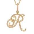 Detailed view of golden letter R pendant with micro-pave cubic zirconia on a fine chain - R (Gold)