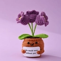 Handmade crochet purple flower potted plant with orange pot and positive message - Positive Potted-Lily of the Valley Purple