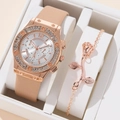 Dames horloge set in roségoud met diamanten en bloemarmband in een witte geschenkdoos - Beige + Armband
